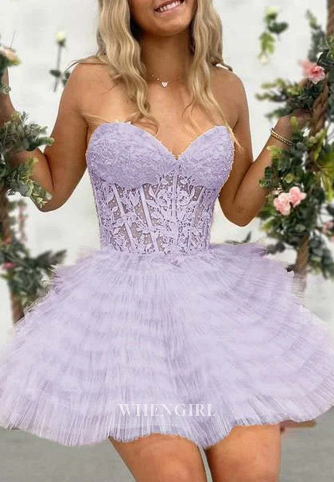 Sweetheart Strapless Appliqued Lace Tiered Tulle Lace Up A-Line Homecoming Dress