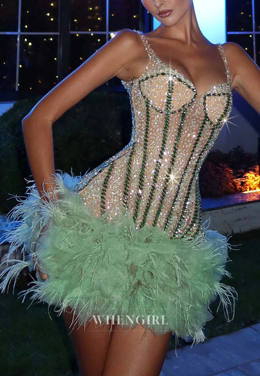 Luxurious Sleeveless V Neck Crystal Beaded Sheath Feather Short Homecoming Dress