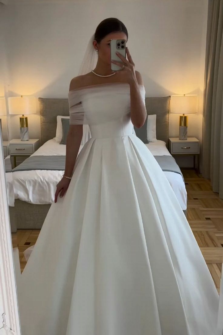 White Off The Shoulder Wedding Dresses A Line Long Bridal Gown