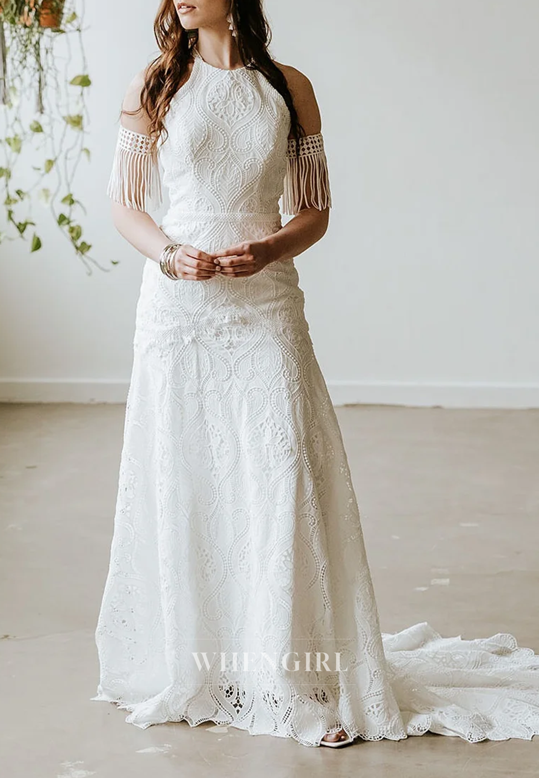 Sheath Halter Lace Tassel Sleeveless Sweep Train Beach Boho Wedding Dress