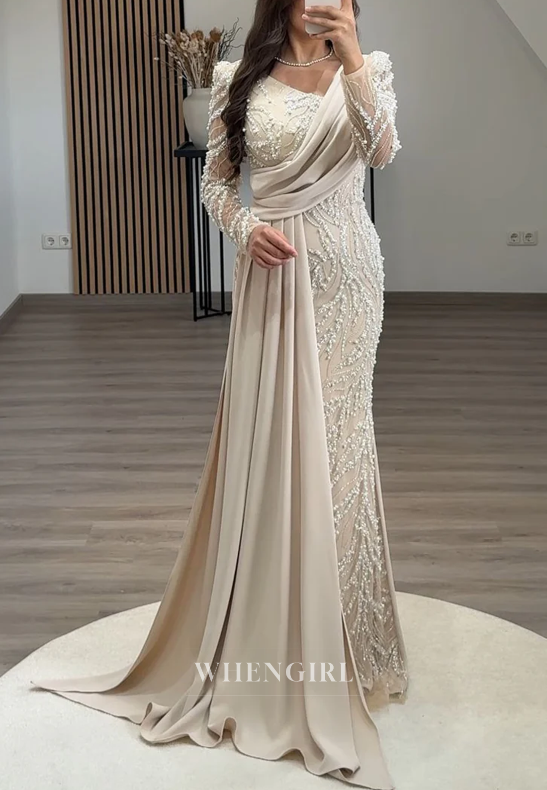 Sheath Asymmetrical Neck Long Sleeves Beaded Side Train Long Formal Evening Gown