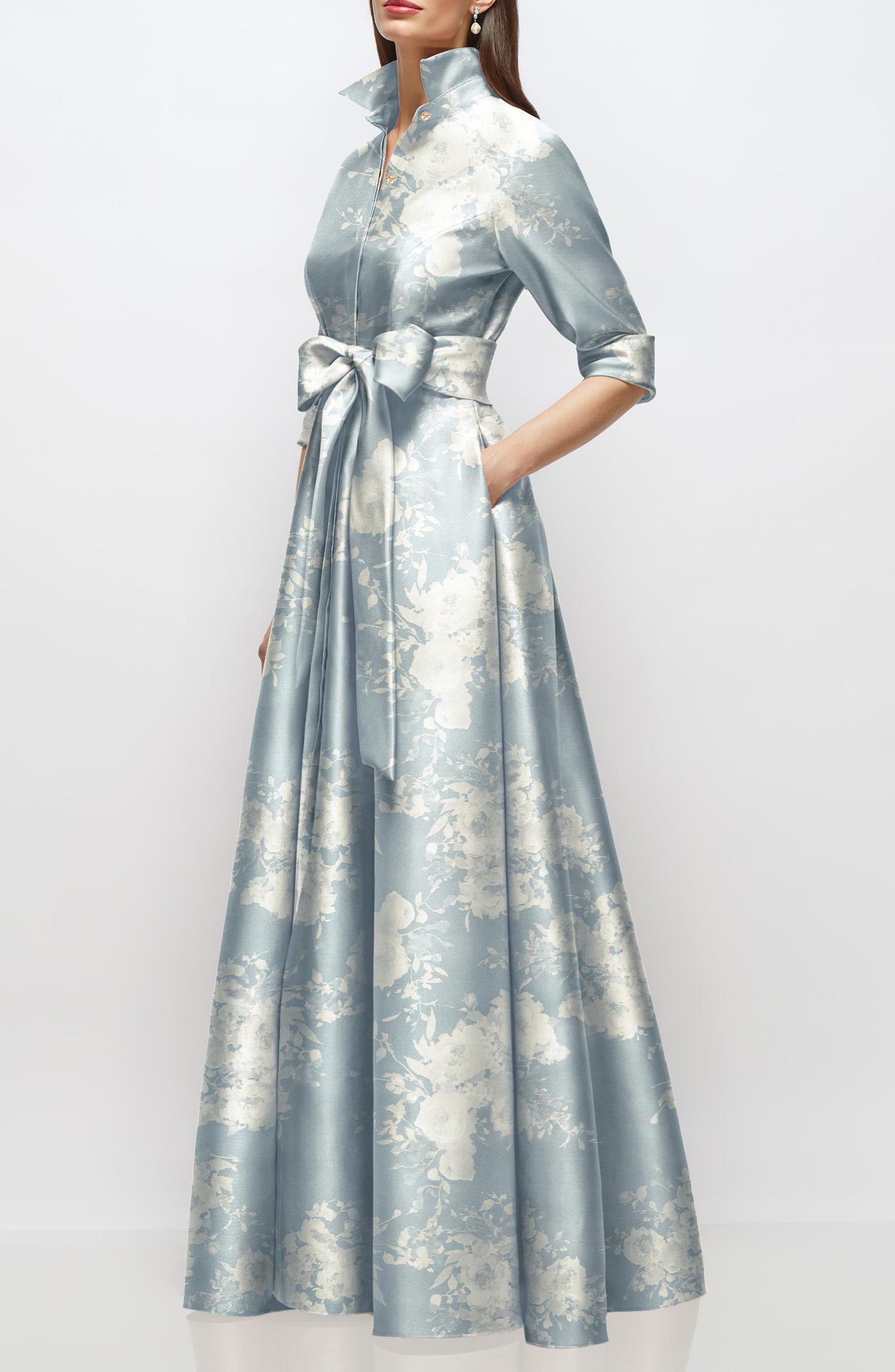 Floral Satin Bowknot Half Sleeves A-Line Mother of the Bride Dress