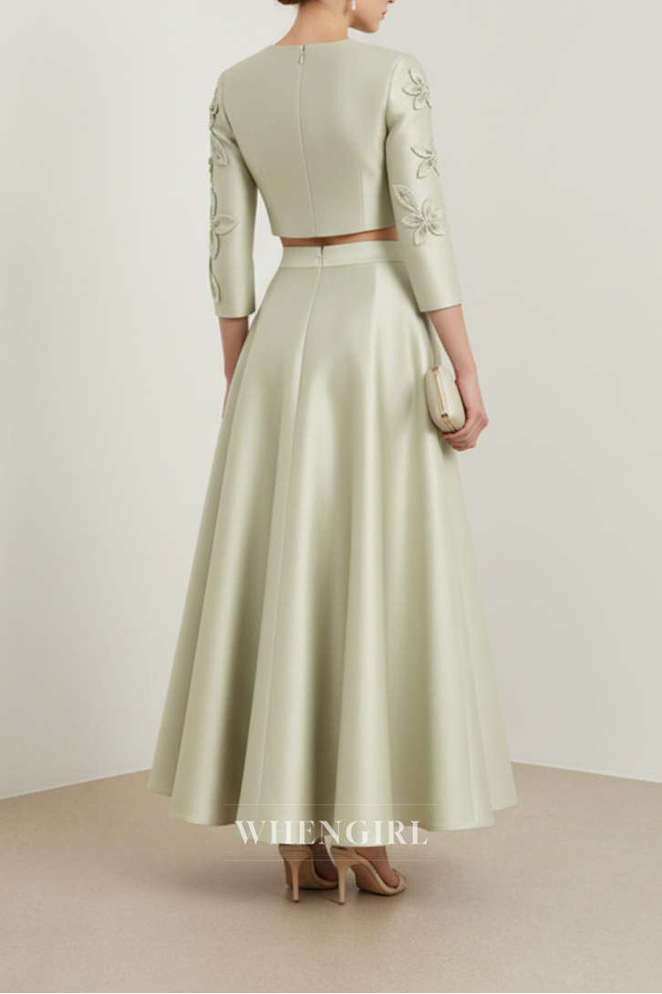 Green Satin Two Pieces 3/4 Sleeves Flower Maxi Dress