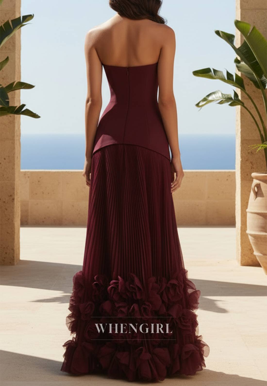 Burgundy Strapless Pleated Ruffled Hem A-Line Formal Evening Dress
