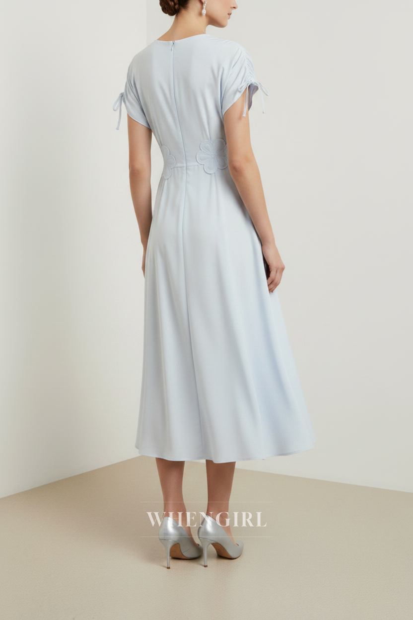 Light Blue V Neck Cap Sleeves Flowers A-Line Midi Dress
