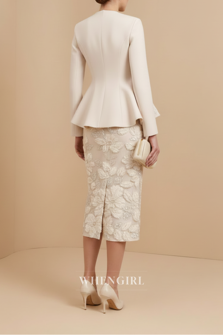 Ivory Long Sleeves Ruffle Two Pieces Midi Dress