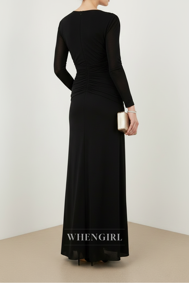 Black Long Sleeves Ruched Sheath Maxi Dress