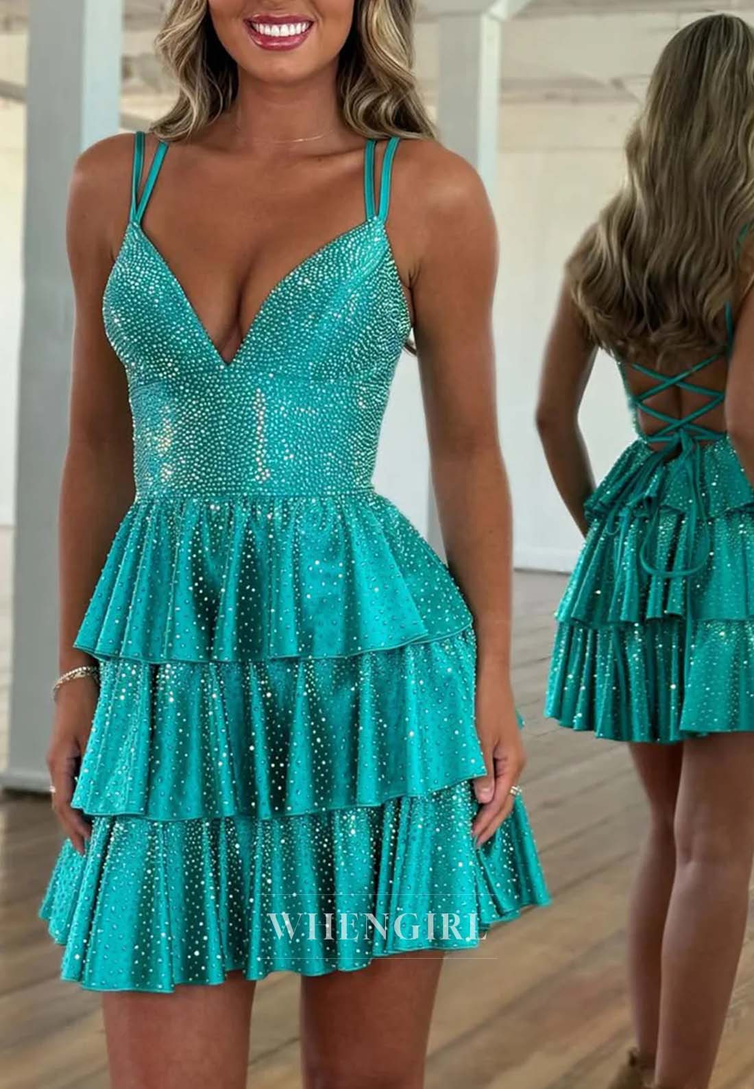 Lace Up Crystal V Neck Sleeveless A-Line Multi-Tiered Ruffle Short Homecoming Dress
