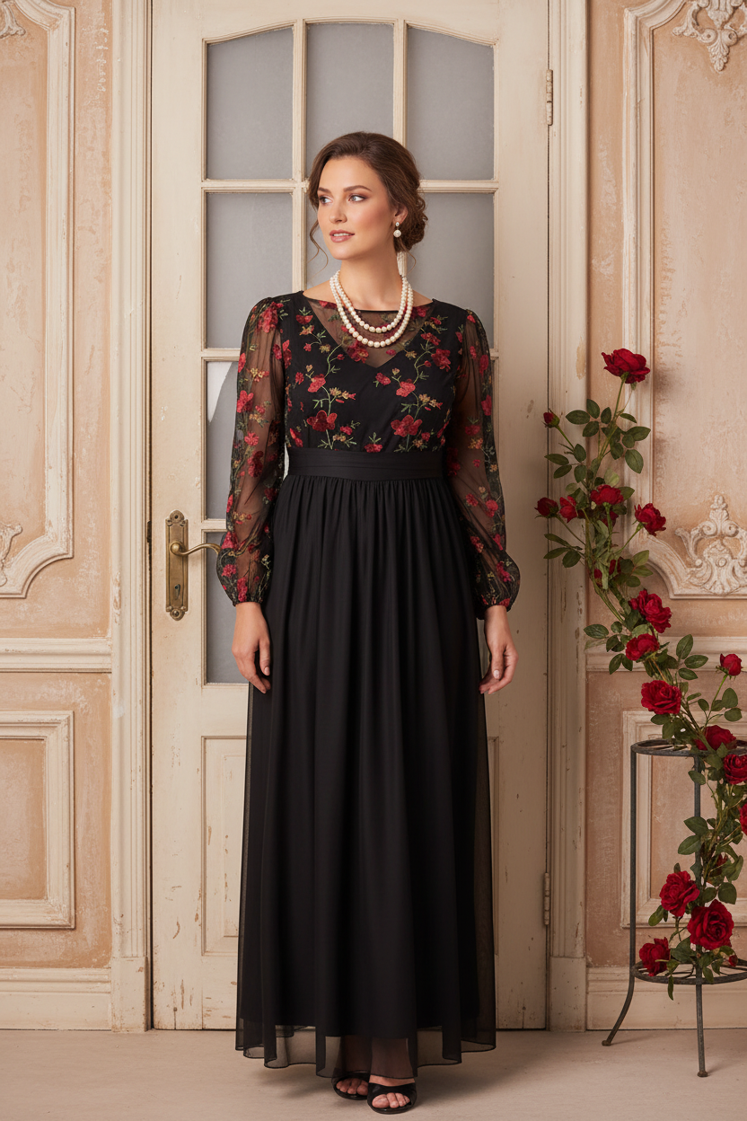 Black Floral Embroidered Bodice Evening Gown Mother of the Bride Dress