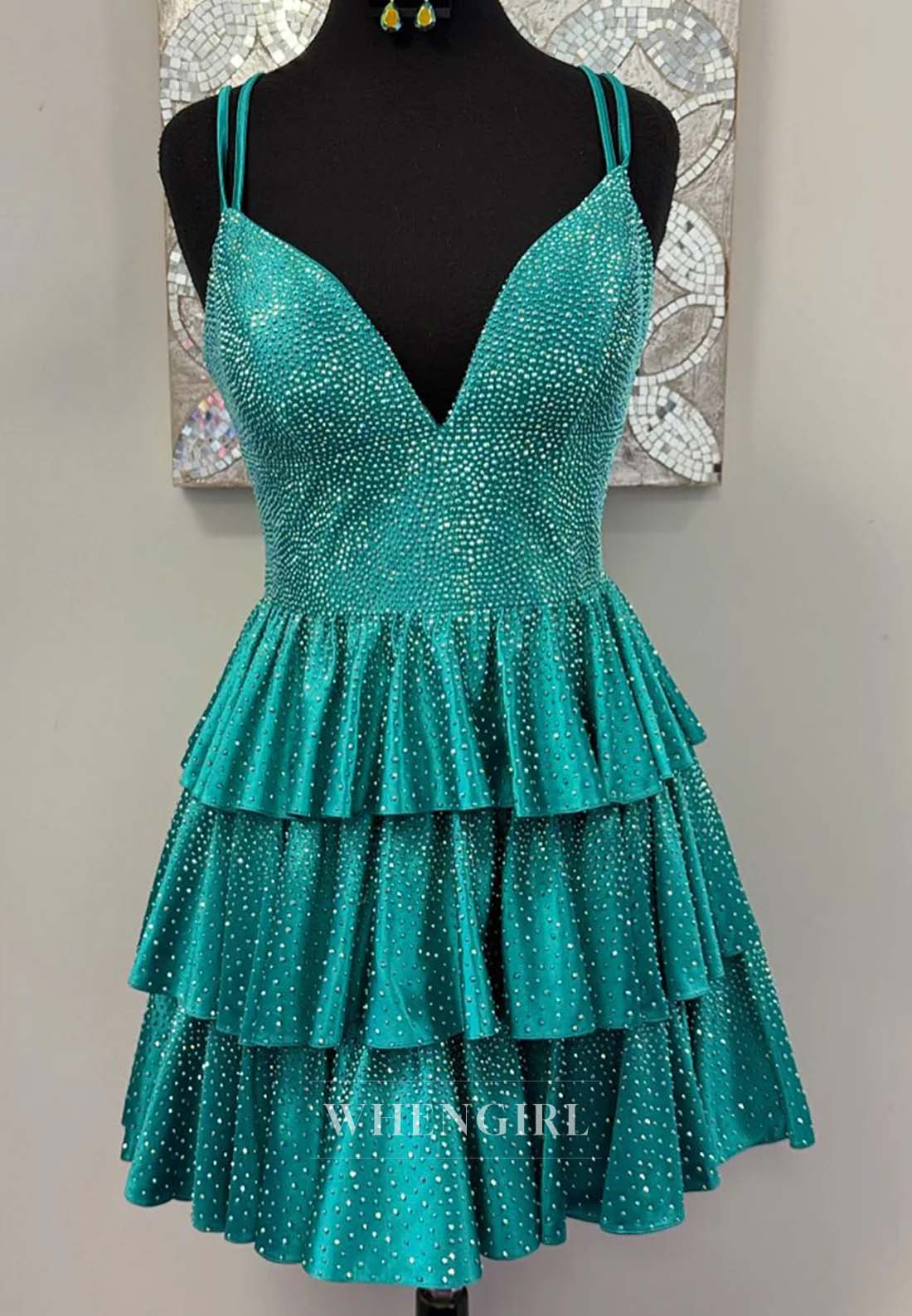 Lace Up Crystal V Neck Sleeveless A-Line Multi-Tiered Ruffle Short Homecoming Dress