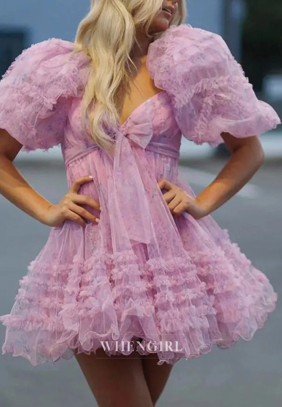 A-Line Tulle Short Puff Sleeves Multi Tiered Bowknot Floral Short Homecoming Dress