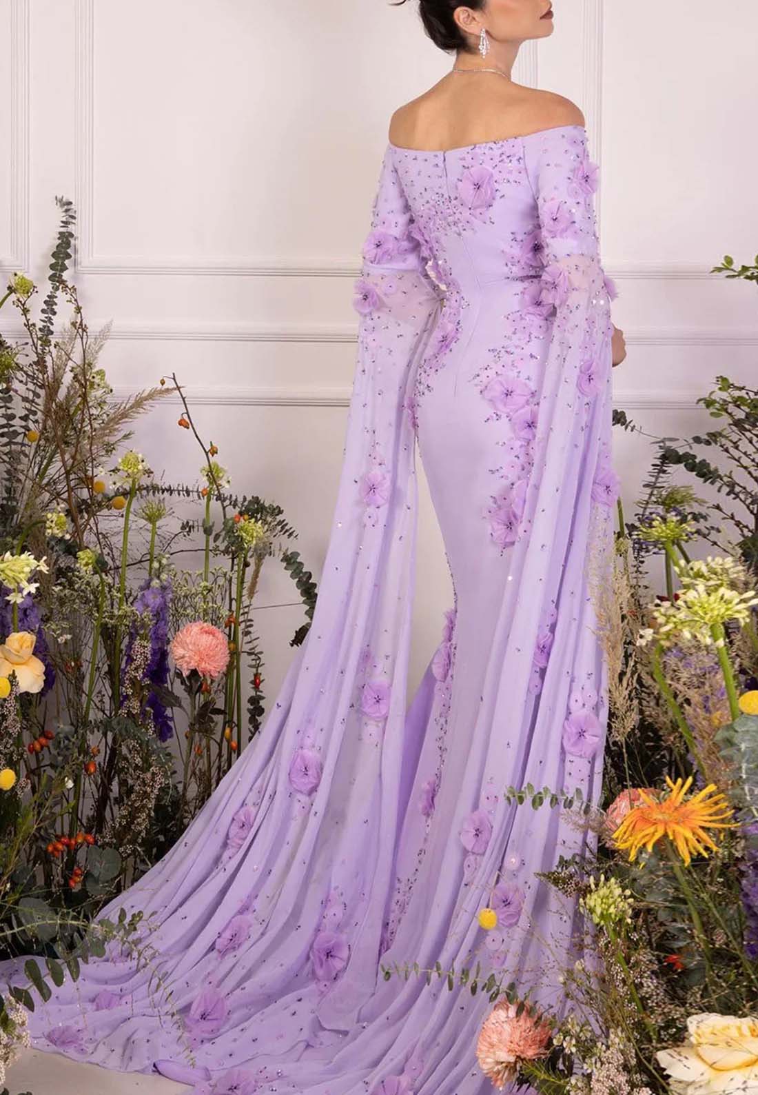 Lilac Off Shoulder Sheath Evening Dress Long Sleeves Floral Sweep Train Formal Gown