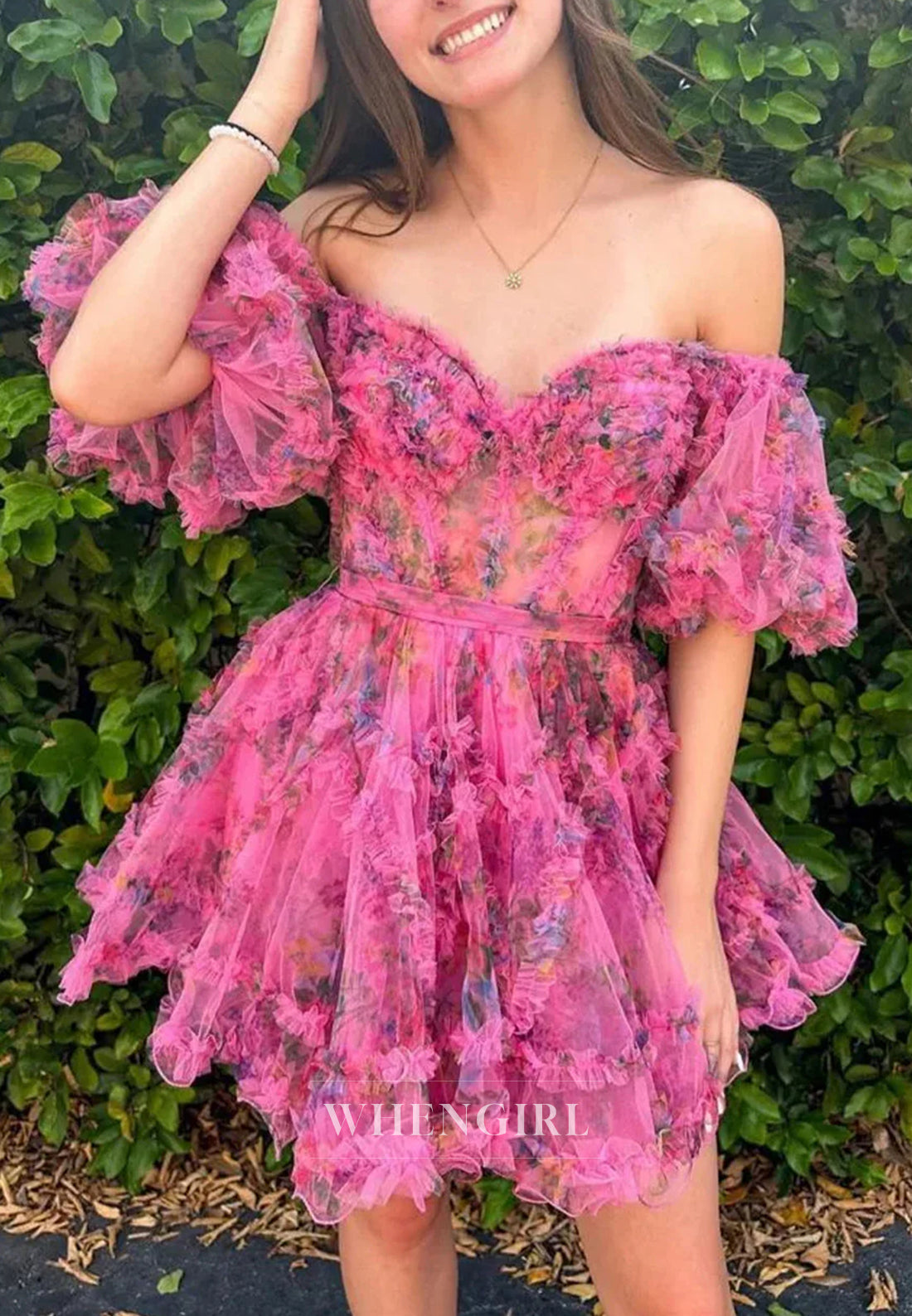 A-Line Floral Short Puff Sleeves Sweetheart Back Zipper Bowknot Short Homecoming Dress