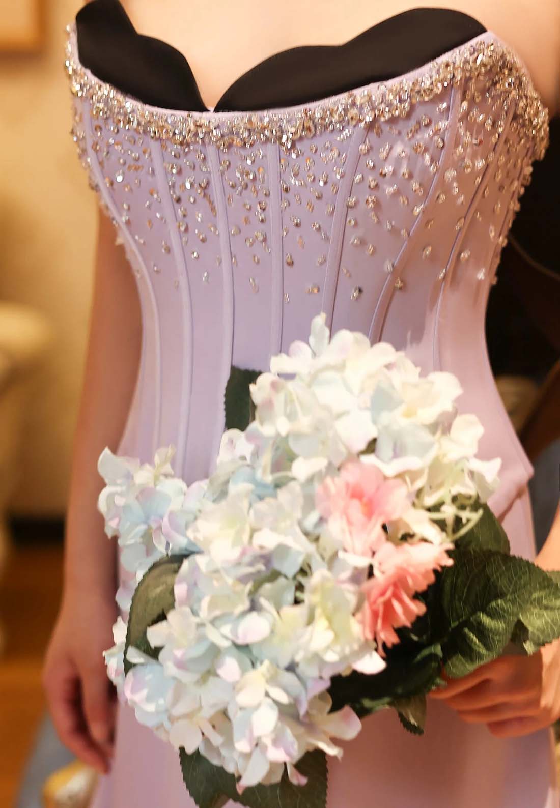 Lilac Asymmetrical Neck Sleeveless Strapless Sweep Train Beaded Formal Evening Dress