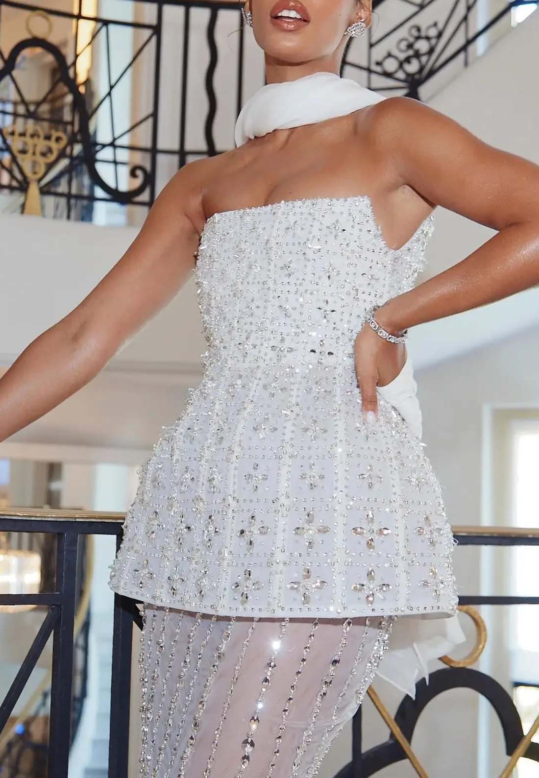 Sheath Strapless Beaded Evening Dress Beige Floor Length Formal Gown