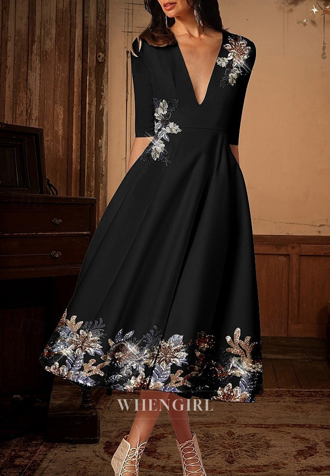 A-Line V Neck Half Sleeves Beaded Mother of the Bride Dress