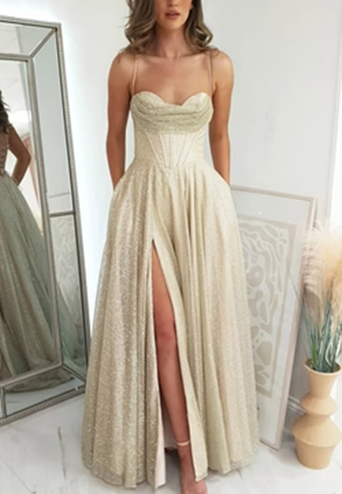 A-Line Sweetheart Sleeveless Stripe Pleated Glitter Knit Prom Dress with Train Formal Dress