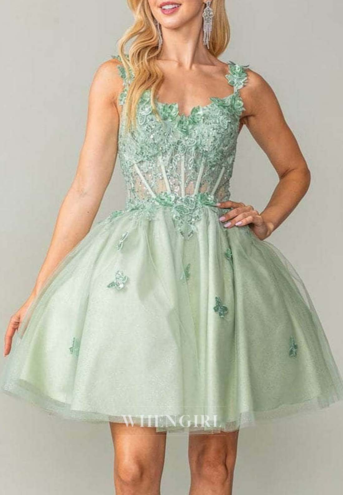 A-Line V Neck Sleeveless Appliqued Butterfly Tulle Short Homecoming Dress
