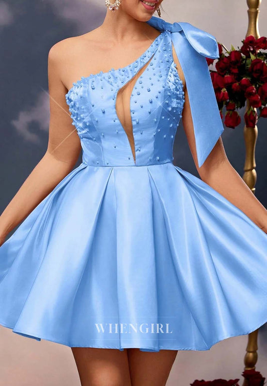 Blue A-Line Pearls Beading One Shoulder Cut Out Sleeveless Short Homecoming Dress