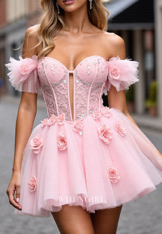 Pale Blush Sweetheart Beaded Lace Off Shoulder Flowers Tulle A-Line Short Homecoming Dress