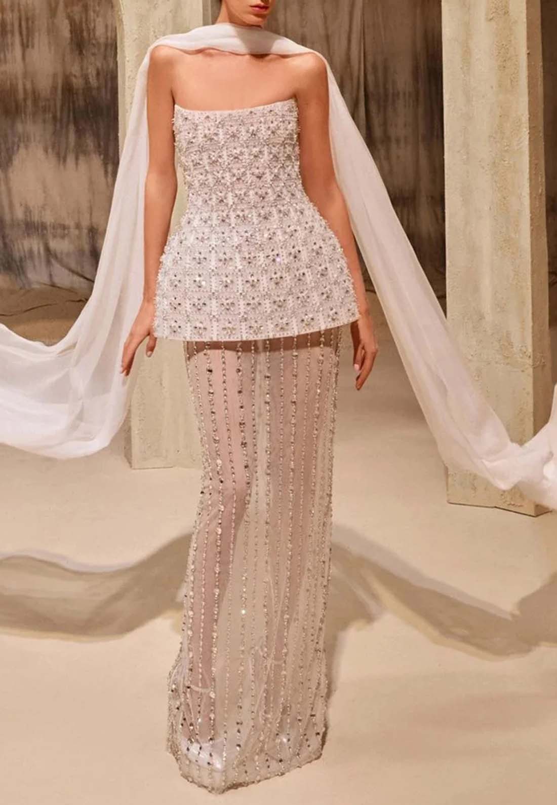 Sheath Strapless Beaded Evening Dress Beige Floor Length Formal Gown