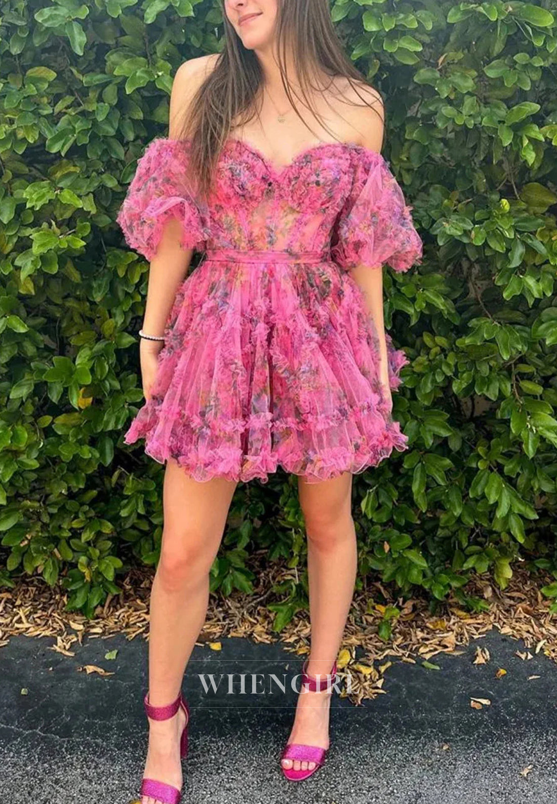 A-Line Floral Short Puff Sleeves Sweetheart Back Zipper Bowknot Short Homecoming Dress