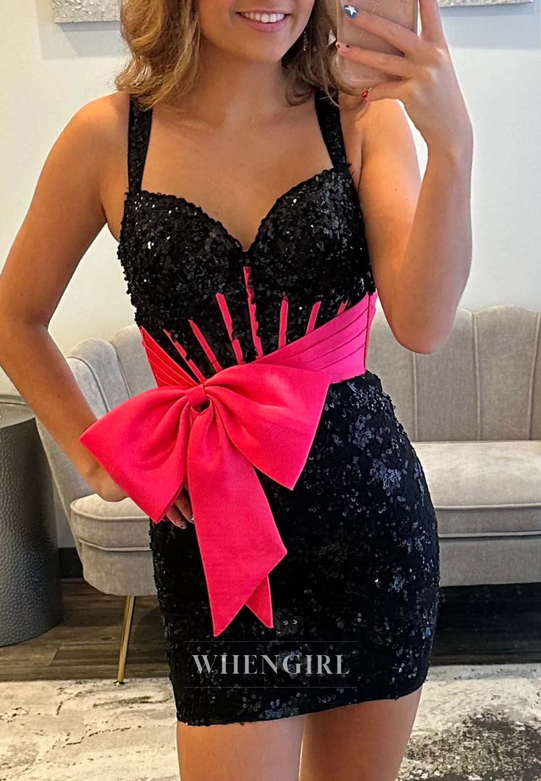 Sweetheart Beaded Back Zipper Sheath Bowknot Sleeveless Short Homecoming Dress