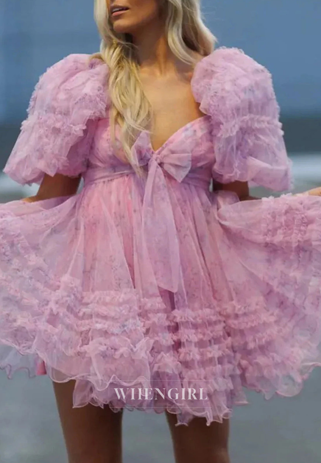 A-Line Tulle Short Puff Sleeves Multi Tiered Bowknot Floral Short Homecoming Dress