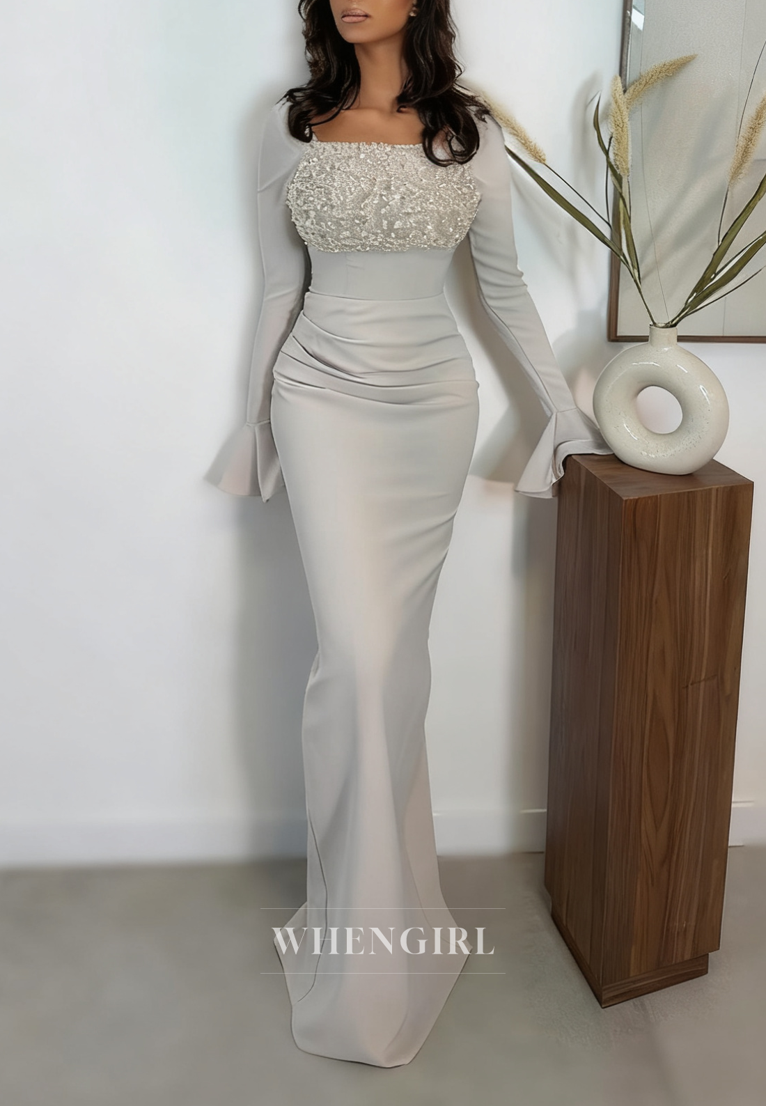 Gray Square Neck Long Sleeves Sheath Beaded Evening Formal Dress with Train