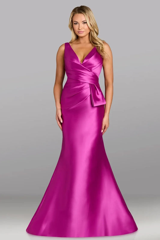 Fuchsia V Neck Ruched Satin Trumpet Formal Dress