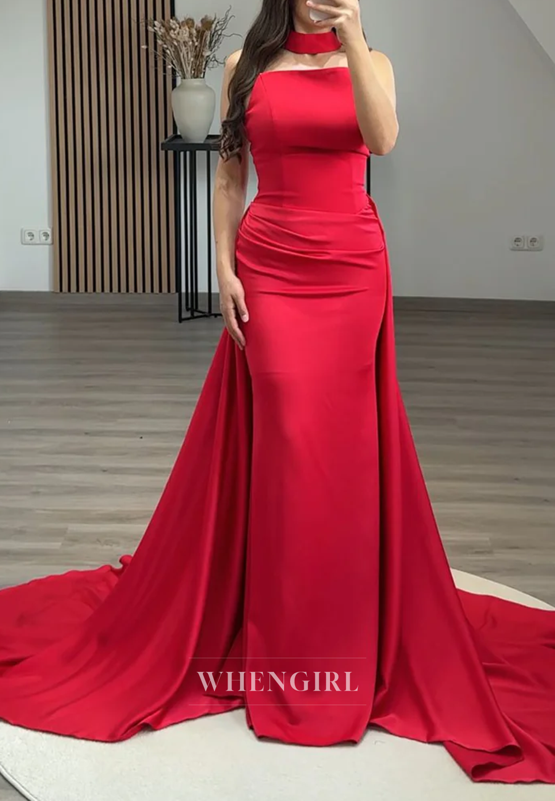 Simple Sleeveless Pleated Strapless Back Zipper Column Evening Formal Dress with Court Train