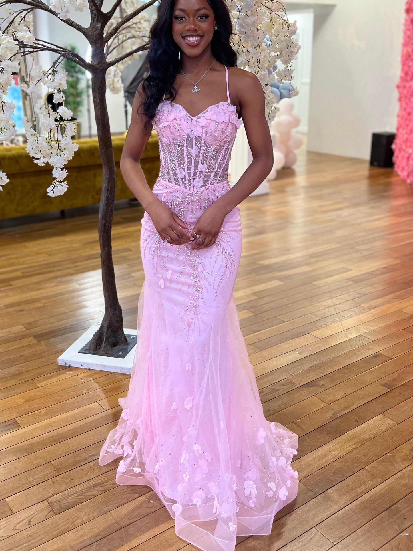 Pink Mermaid Sweetheart Spaghetti Straps Prom Dress