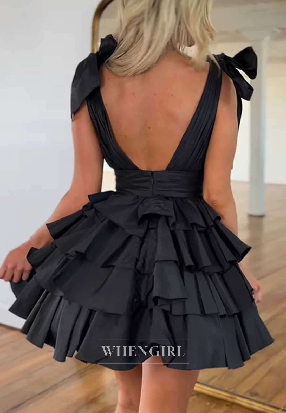 A-Line V Neck Sleeveless Multi Tiered Zipper Back Sleeveless Short Homecoming Dress