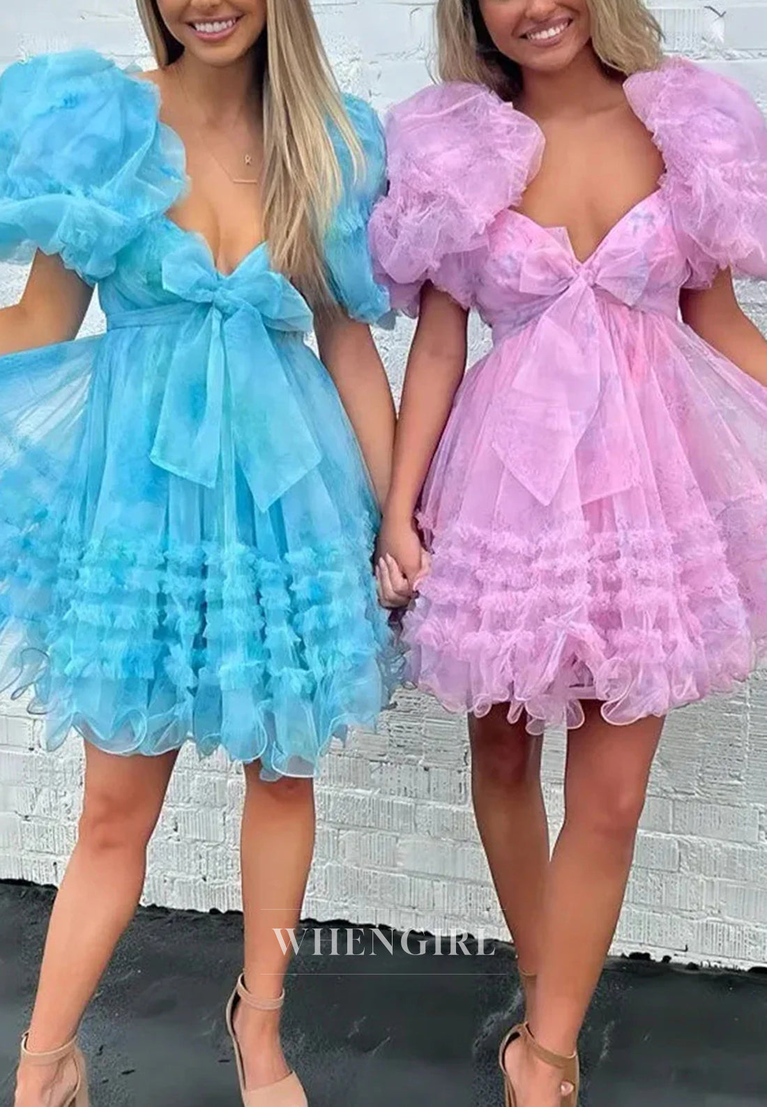 A-Line Tulle Short Puff Sleeves Multi Tiered Bowknot Floral Short Homecoming Dress