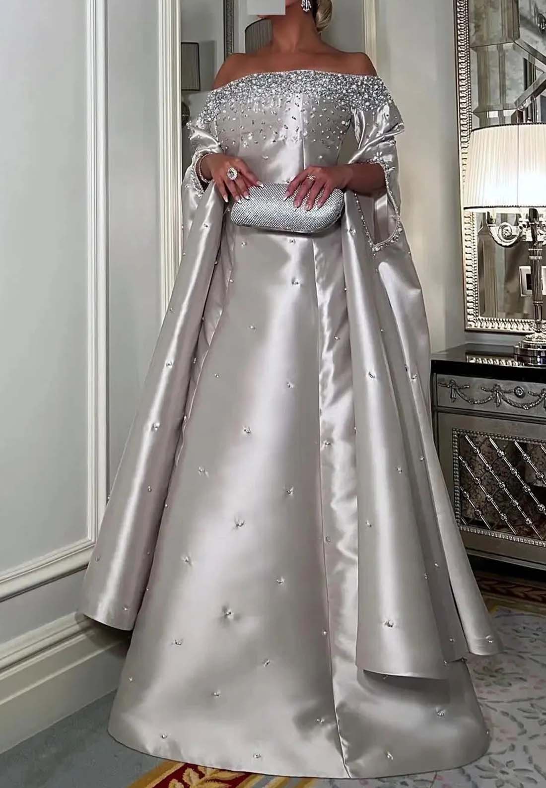 Silver Off Shoulder Beaded Sheath Bell Sleeves Long Formal Evening Dress