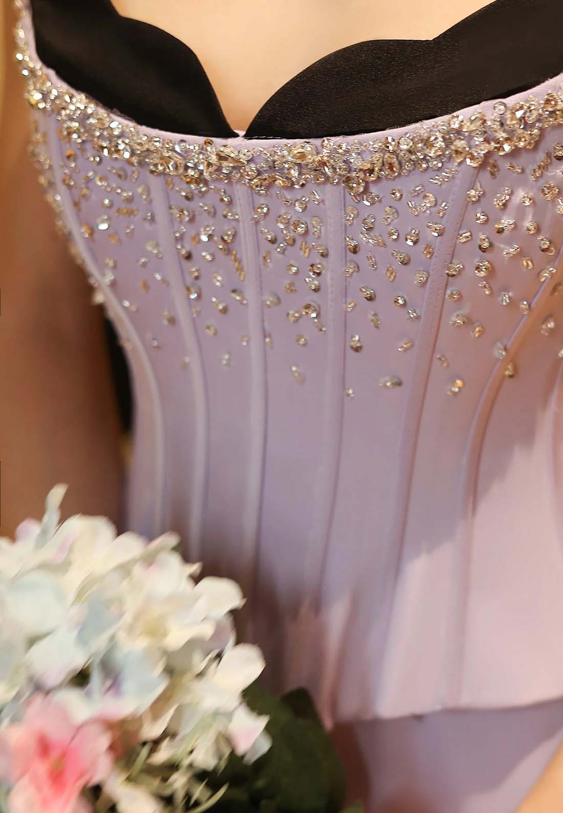 Lilac Asymmetrical Neck Sleeveless Strapless Sweep Train Beaded Formal Evening Dress