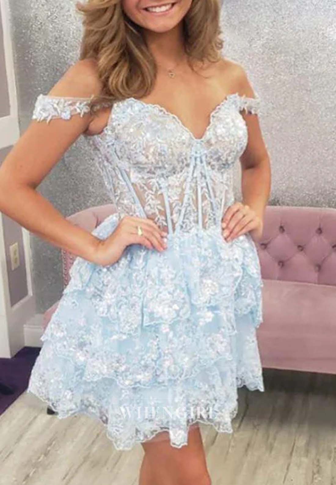 A-Line Off Shoulder Multi Tiered Back Zipper Sweetheart Homecoming Dress