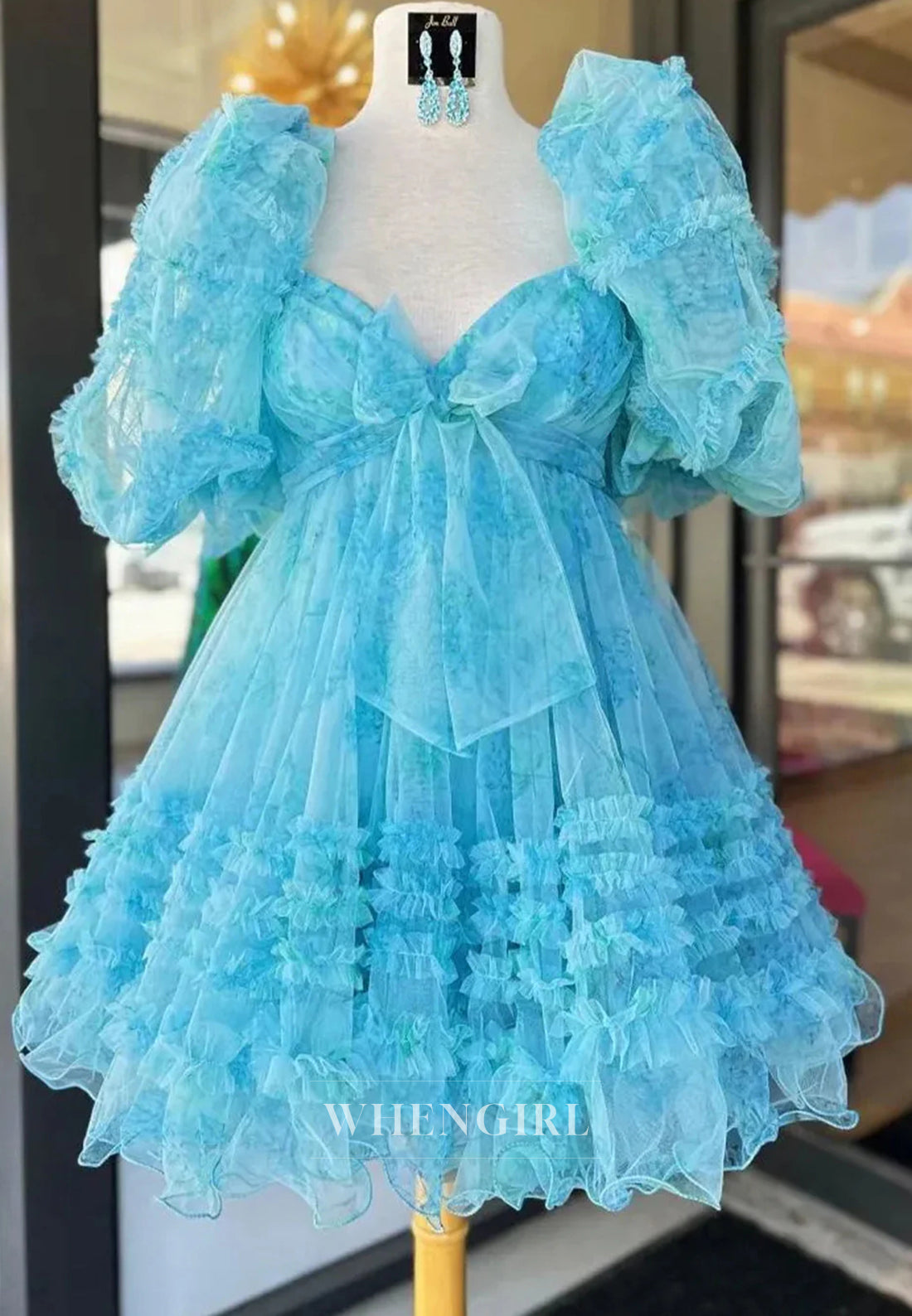 A-Line Tulle Short Puff Sleeves Multi Tiered Bowknot Floral Short Homecoming Dress
