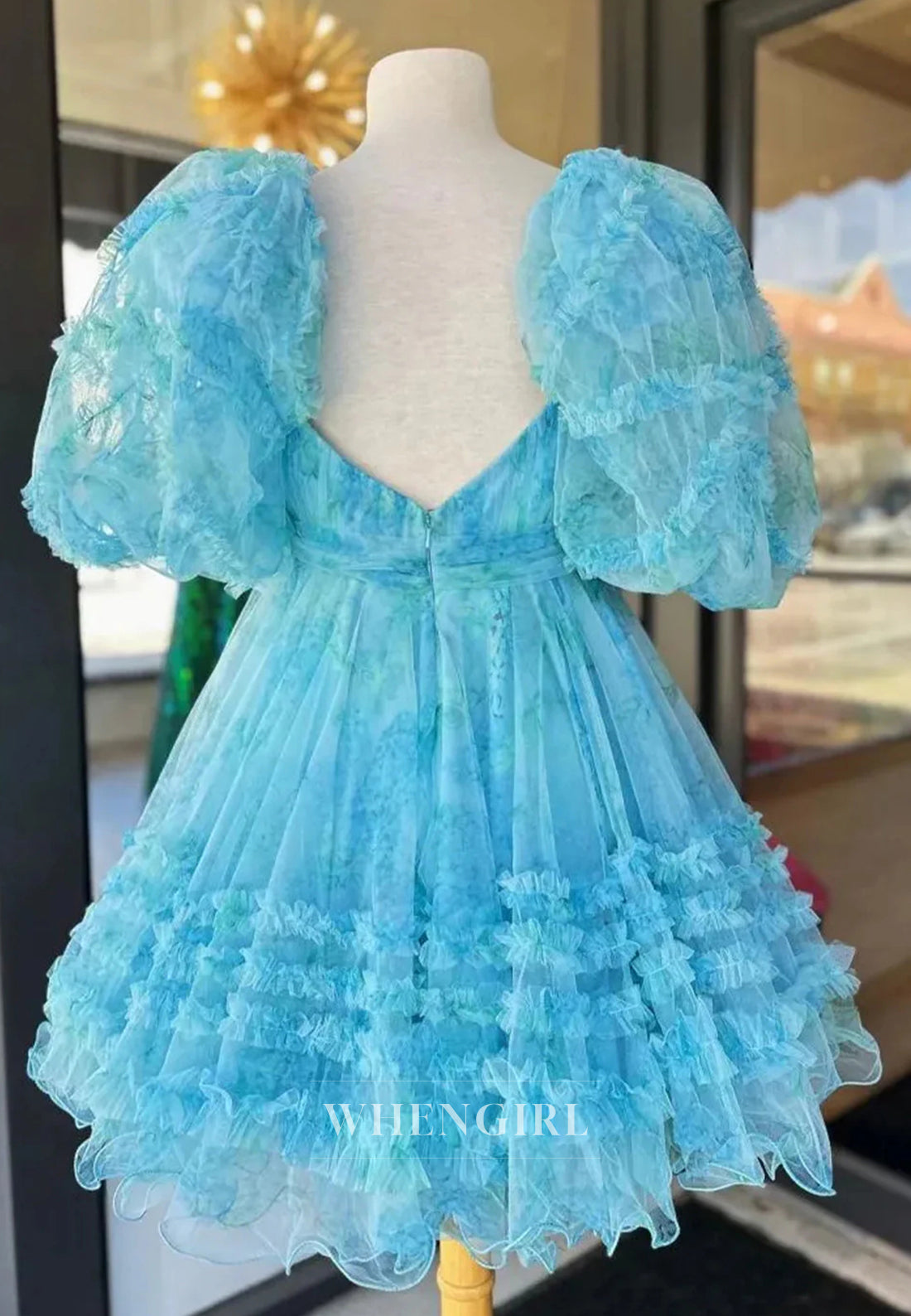 A-Line Tulle Short Puff Sleeves Multi Tiered Bowknot Floral Short Homecoming Dress