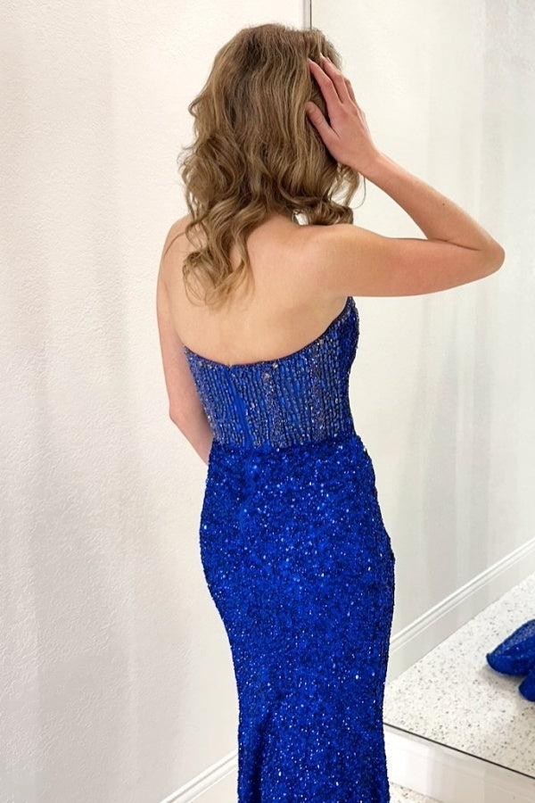 Strapless Pleated Fully Beaded High Side Slit and Train Prom Dress