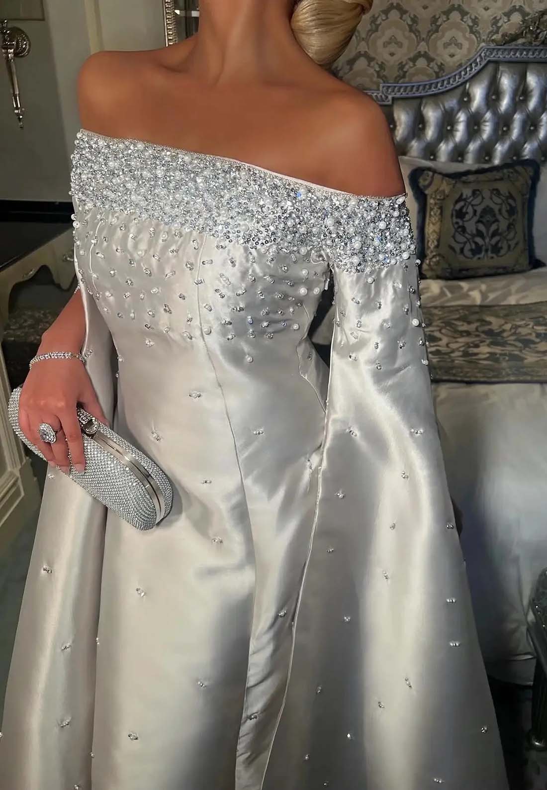 Silver Off Shoulder Beaded Sheath Bell Sleeves Long Formal Evening Dress