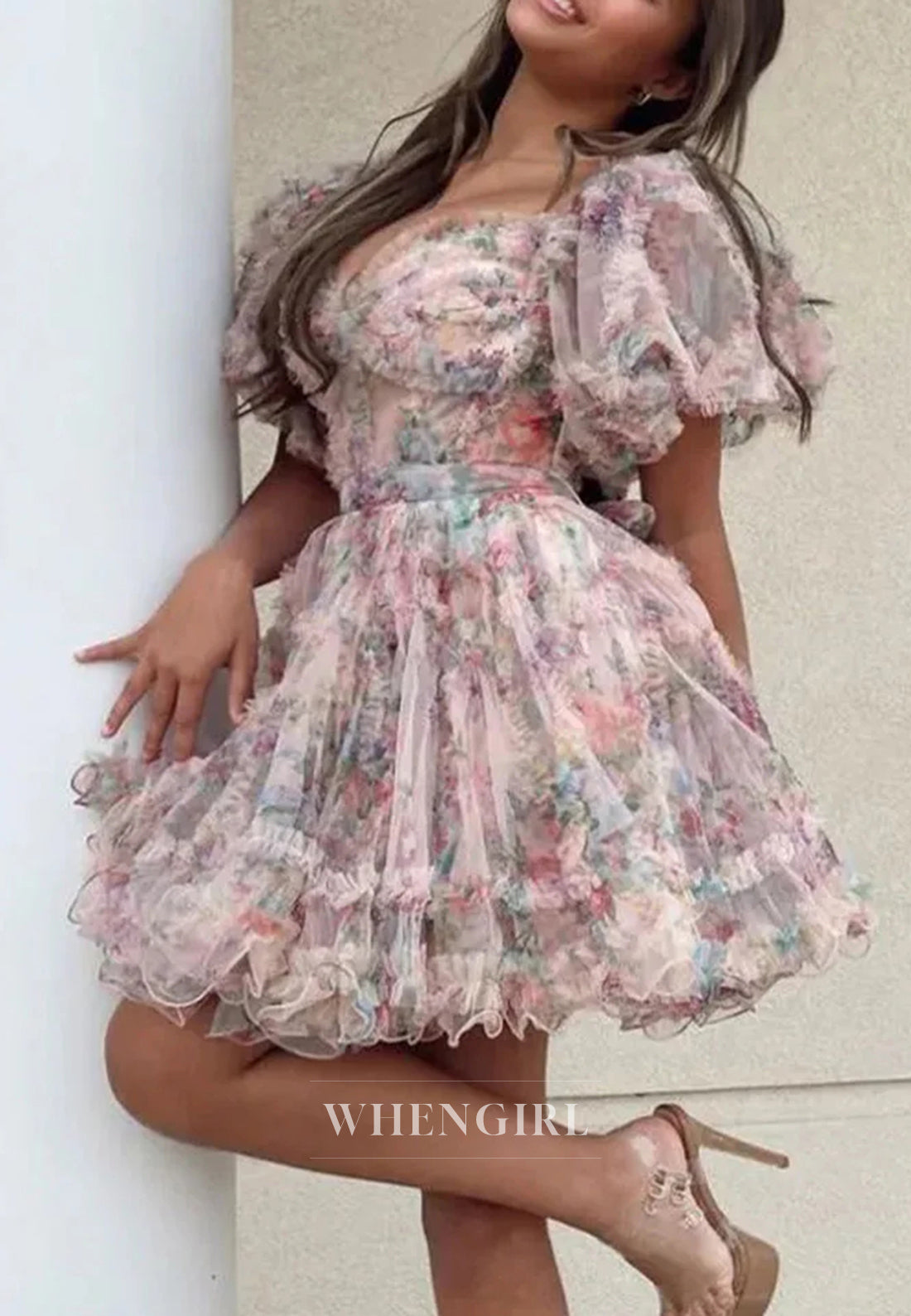 A-Line Floral Short Puff Sleeves Sweetheart Back Zipper Bowknot Short Homecoming Dress