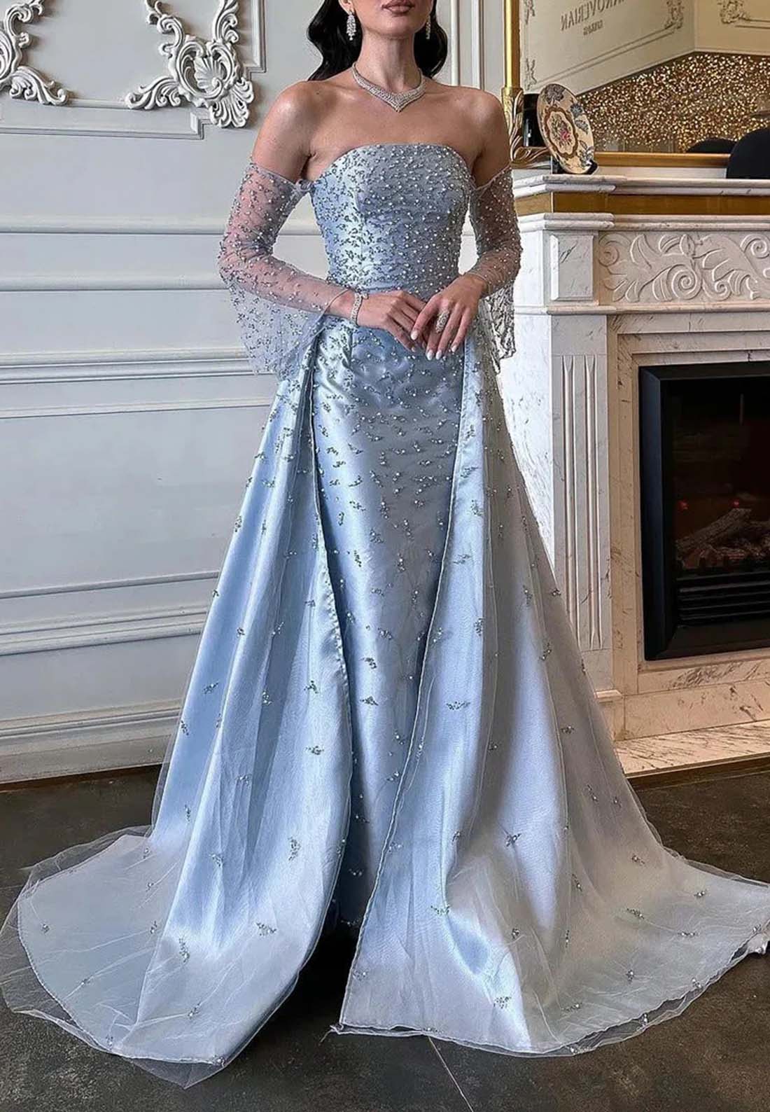 Sky Blue Off Shoulder Beaded Illusion Long Sleeves Sheath Sweep Train Formal Dress Evening Gown