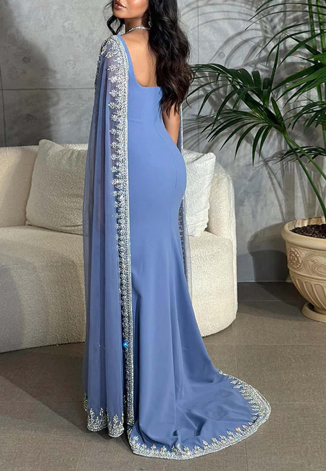 Ocean Blue Sleeveless Scoop Neck Back Zipper Sweep Train Formal Evening Dress with Cape