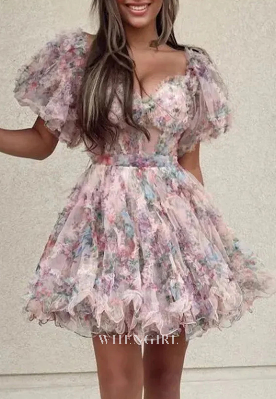 A-Line Floral Short Puff Sleeves Sweetheart Back Zipper Bowknot Short Homecoming Dress