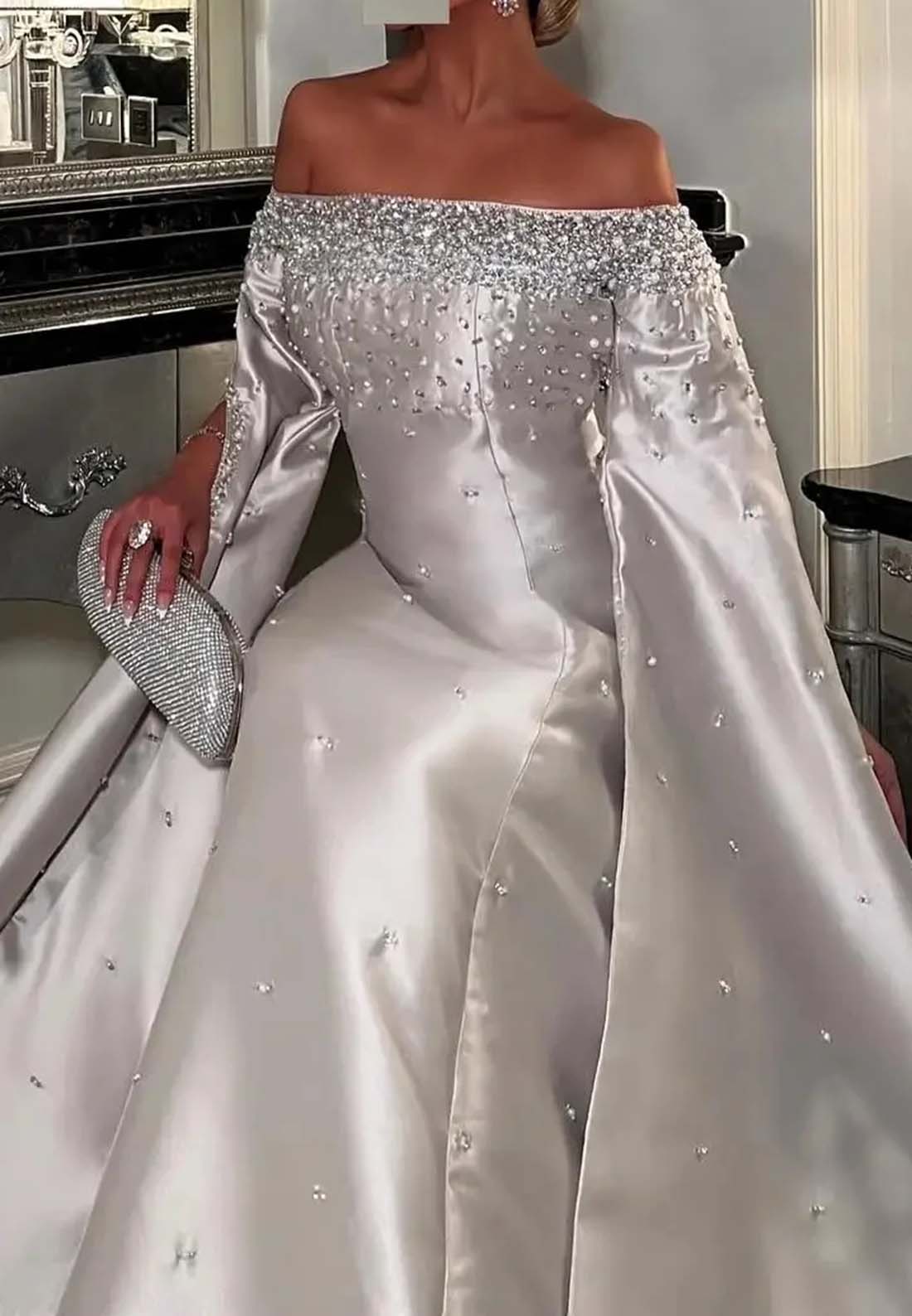 Silver Off Shoulder Beaded Sheath Bell Sleeves Long Formal Evening Dress