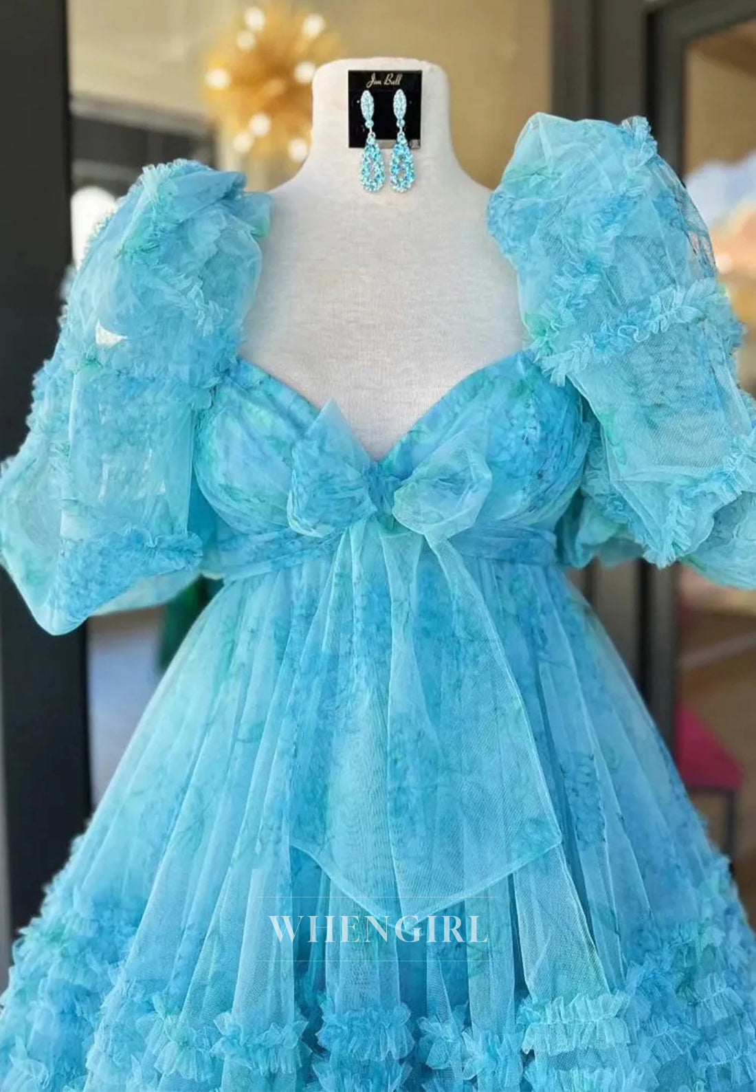 A-Line Tulle Short Puff Sleeves Multi Tiered Bowknot Floral Short Homecoming Dress