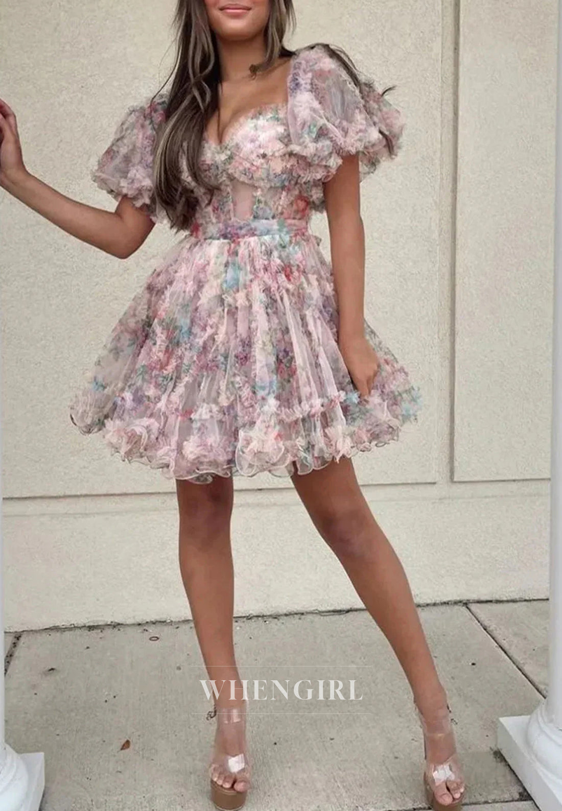 A-Line Floral Short Puff Sleeves Sweetheart Back Zipper Bowknot Short Homecoming Dress