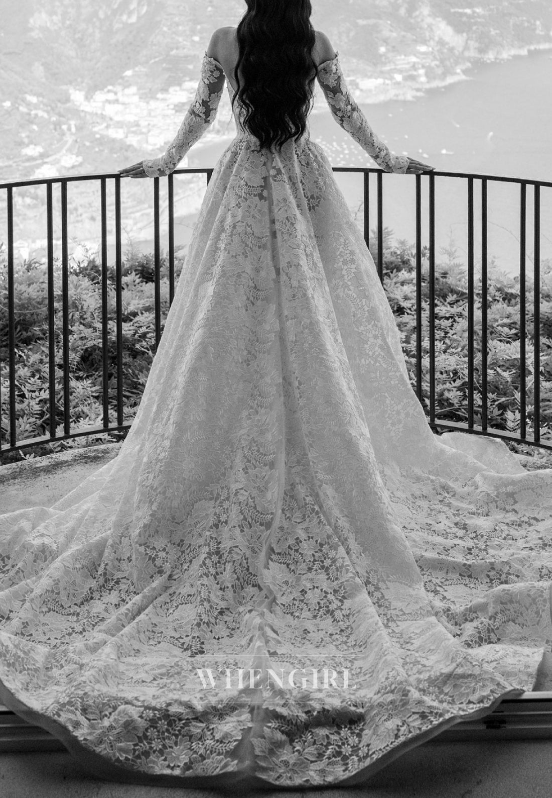 Off Shoulder A-Line Long Sleeves Lace Court Train Wedding Dress