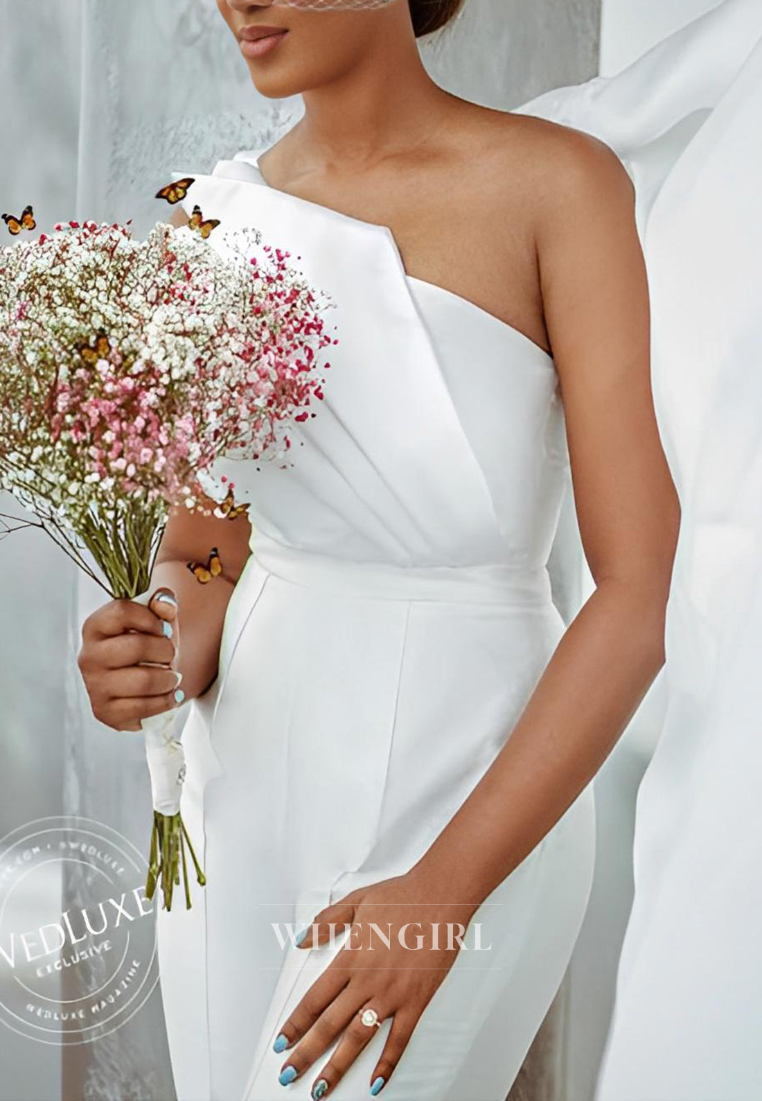 Satin Jumpsuit One Shoulder Pleated Sleeveless Wedding Dress